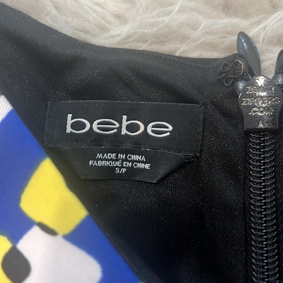 4/$19 like new Bebe black blue yellow white polka dot stripe funky pattern dress - Picture 4 of 4